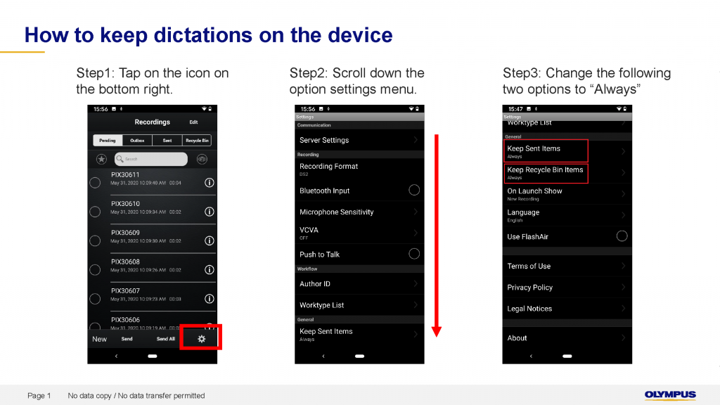 Olympus How to keep dictations on device