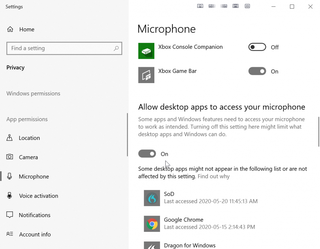 Turn on allow desktop apps to access your microphone and windows