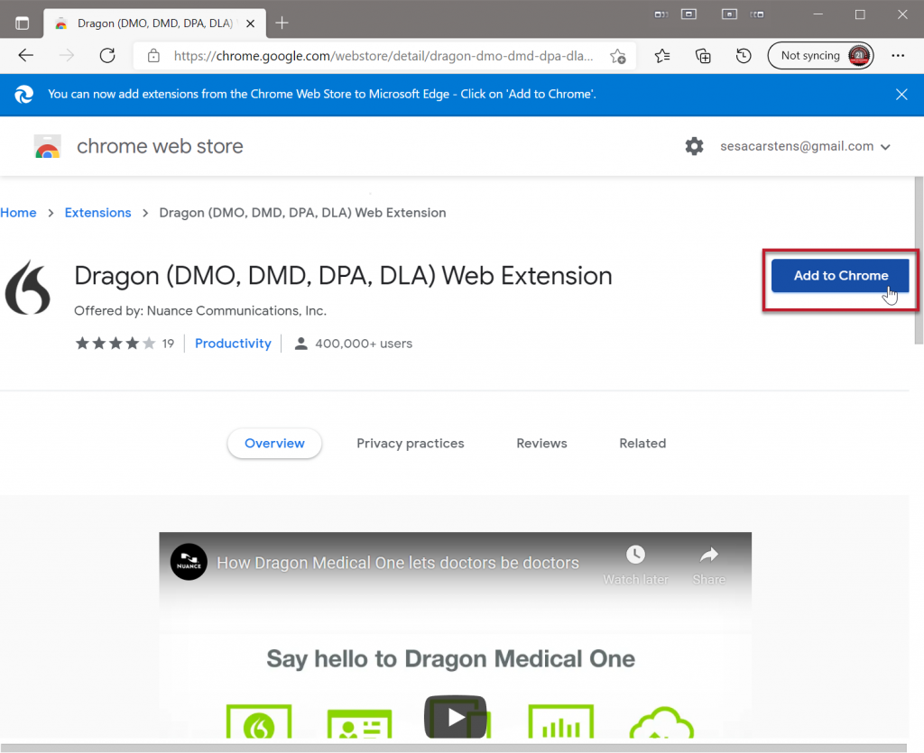 Dragon Medical One MS Edge Extension add Chrome extension for DMO