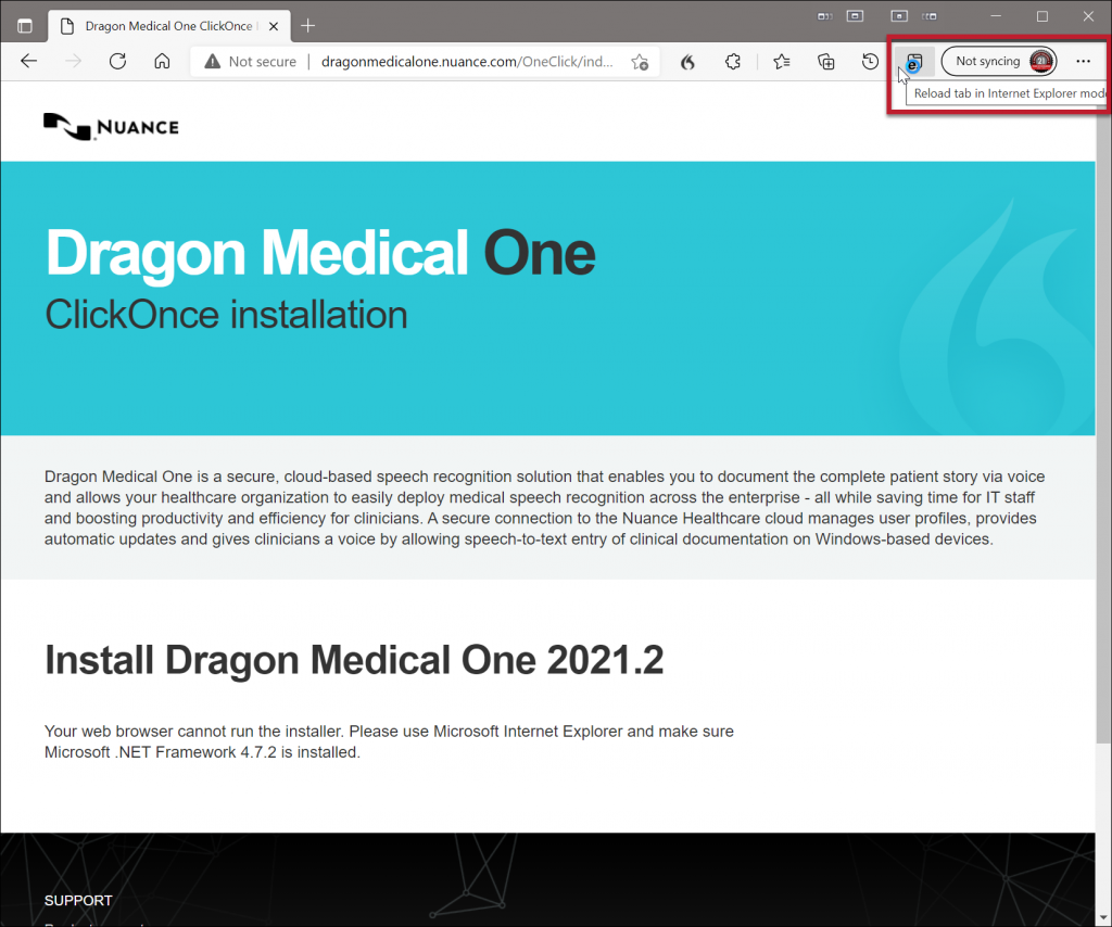 Install Dragon Medical One Edge-reload in Internet Explorer mode
