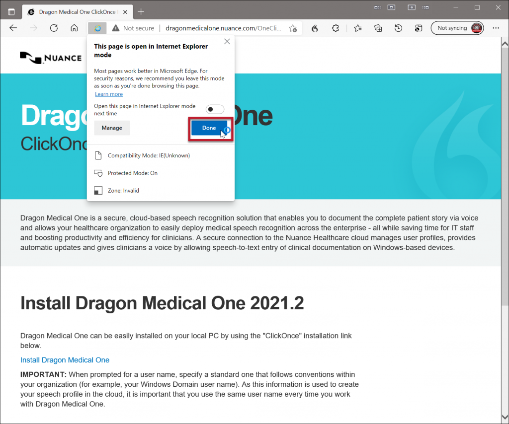 Install Dragon Medical One Edge-view in Internet Explorer mode