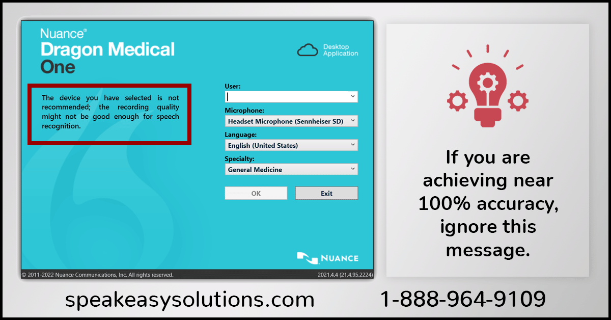 "The device you have selected is not recommended; the recording quality might not be good enough for speech recognition."